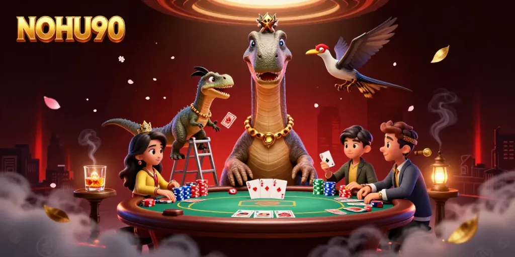 Experience the action at NOHU90 with a giant brontosaurus overseeing a vibrant poker game.