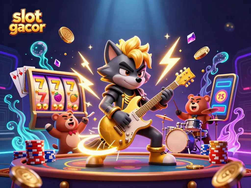 Experience excitement with slot gacor, featuring a dynamic rock star wolf on stage amidst vibrant casino elements.
