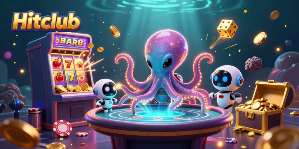 Hitclub aliens spinning slot machines and poker tables, creating colorful casino excitement