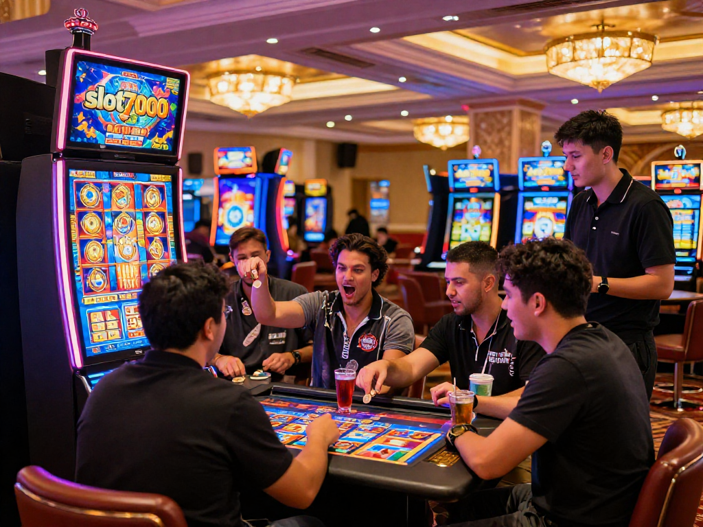 Mesin slot7000 di kasino dengan pemain yang bersemangat menikmati suasana bermain.
