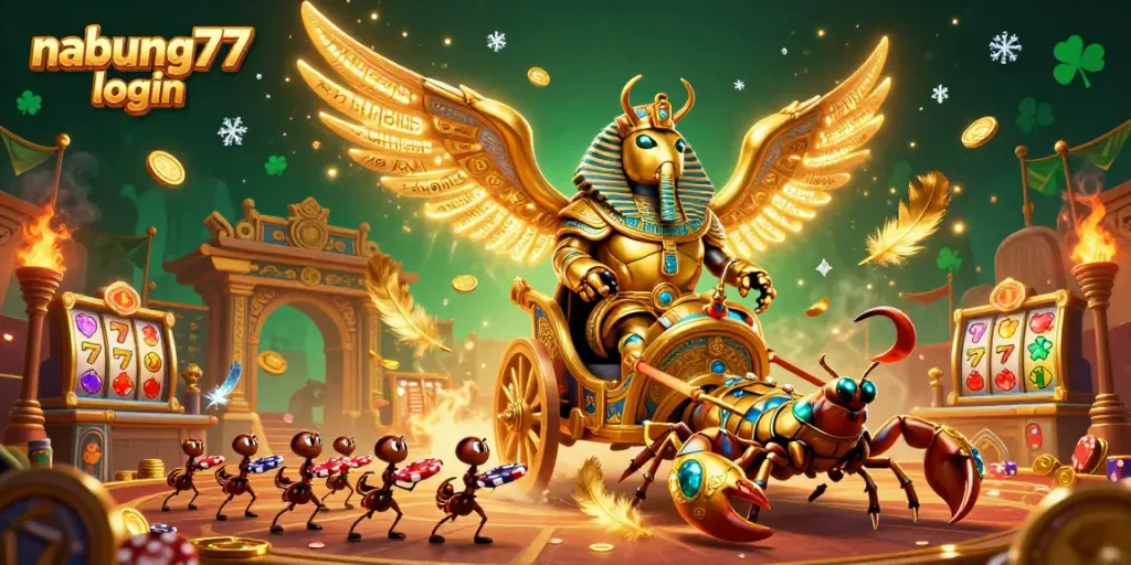 Experience the thrill of casino gaming with nabung77 login featuring a vibrant golden scarab and lavish slot design.