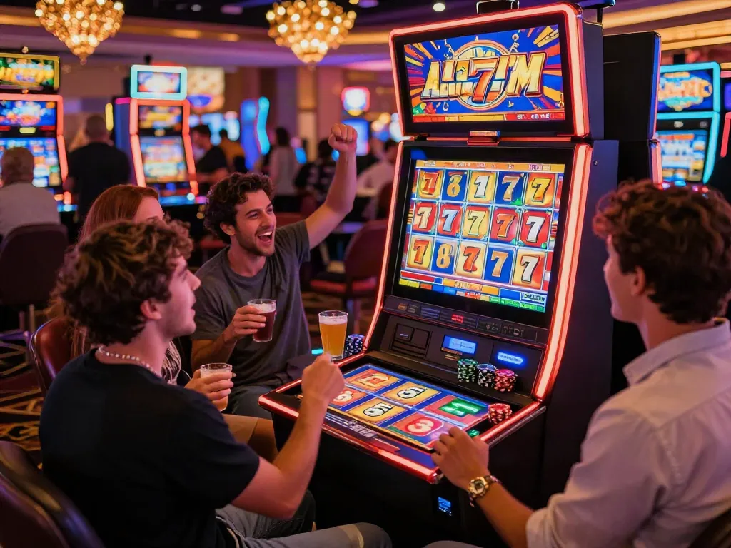 Friends enjoying the excitement of a Lucky777 slot machine in a vibrant casino atmosphere.