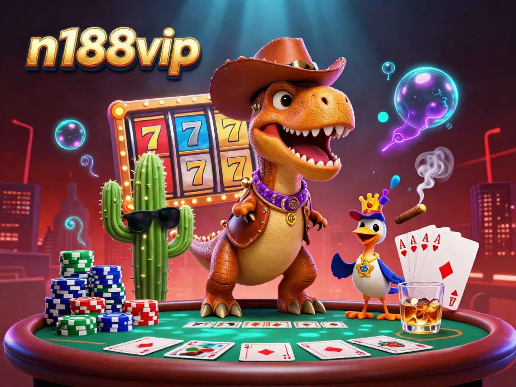 Experience the thrilling casino action with n188vip in this vibrant illustrated scene featuring a T-Rex cowboy.
