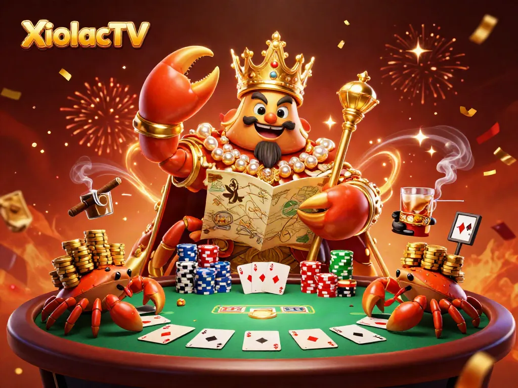 XoilacTV immerses players in a dynamic gaming atmosphere with a vibrant cartoon crab emperor surrounded by rich poker elements.