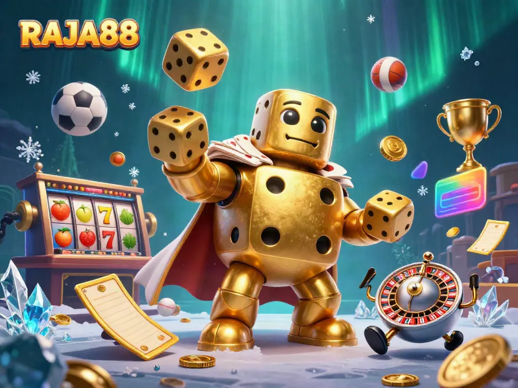 RAJA88 menghibur dengan ilustrasi kasino 3D penuh warna dan elemen slot yang dinamis.