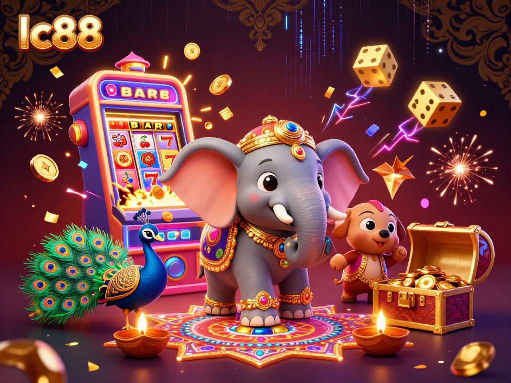 Spin the reels at lc88 with a vibrant 3D casino scene featuring colorful jackpots and rich decorations