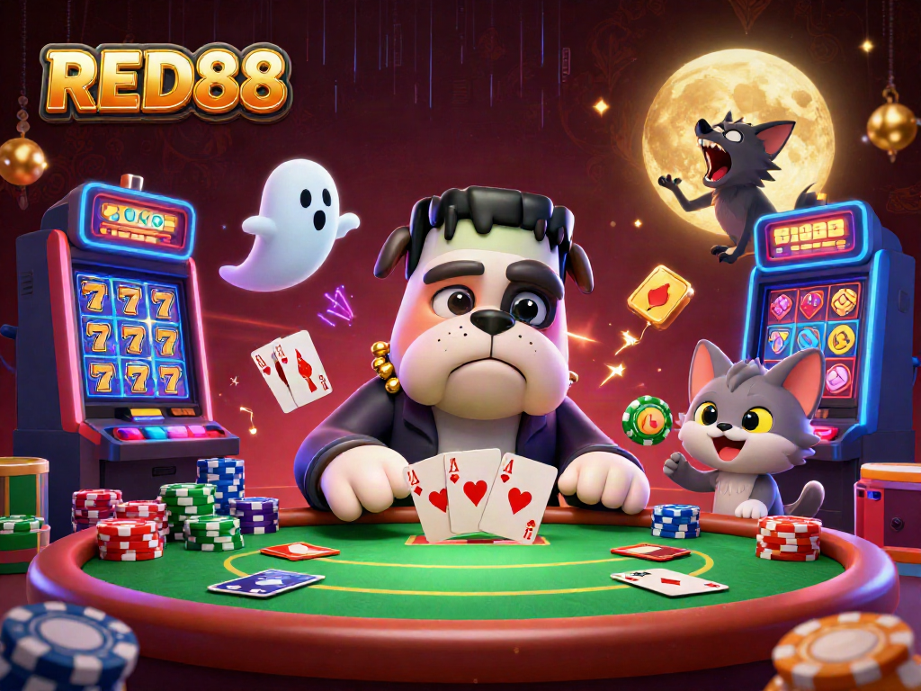 Experience thrilling gaming moments with RED88's lively poker scene featuring vibrant characters and casino elements.