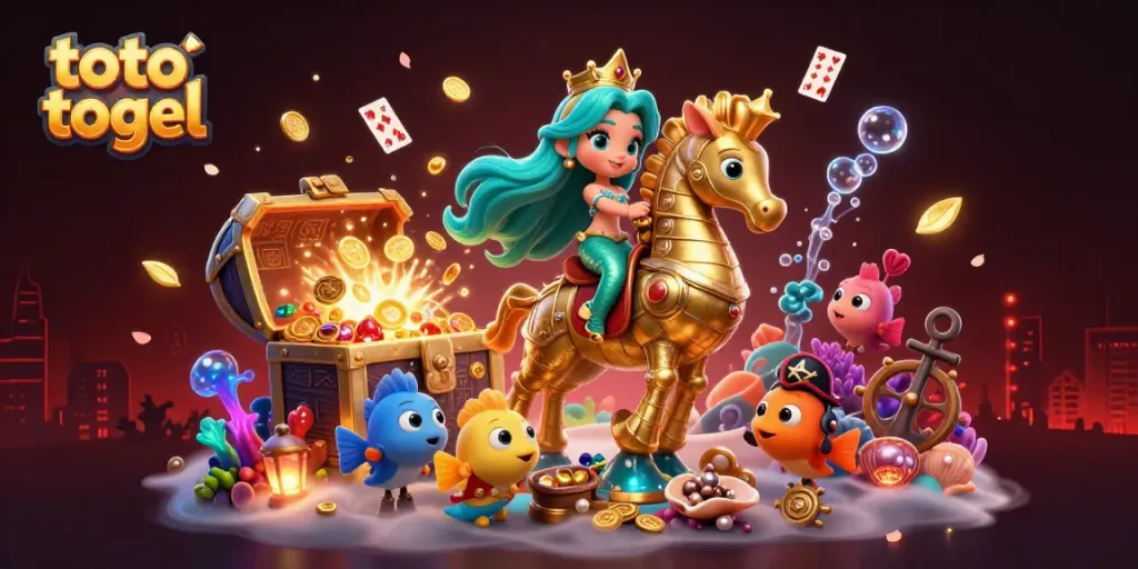 Toto togel illustration showcasing a lively scene with the mermaid princess and seahorse surrounded by vibrant underwater treasures.