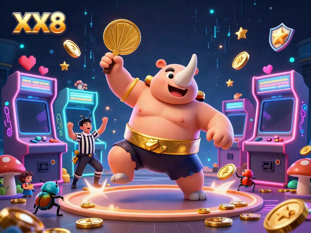 Experience the vibrant energy of XX8 with a lively casino-themed illustration featuring a sumo beetle champion.