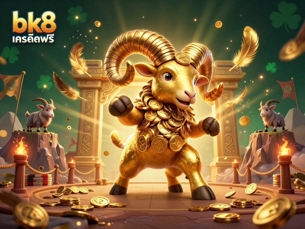 Experience the excitement of bk8 เครดิตฟรี with a dynamic casino-themed illustration featuring a golden ram and vibrant game elements.