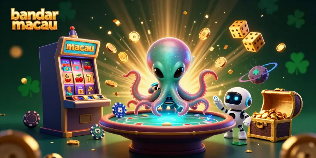 Bermain di bandar macau dengan alien dan robot sambil berinteraksi dengan mesin slot dan poker.