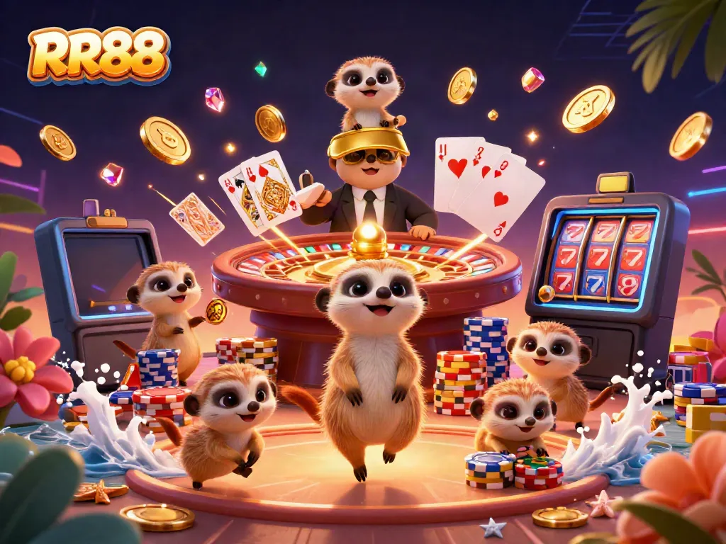 Experience RR88's dynamic casino world with playful meerkats and elegant game elements.
