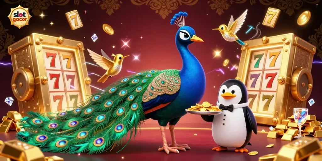 Experience slot gacor excitement with vibrant characters, gems, and dynamic casino elements in a dazzling scene.