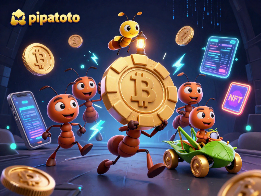 Experience the excitement of pipatoto with an adventurous heist scene featuring cartoon ants and crypto coins.