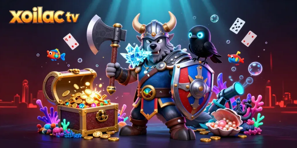Xoilac TV immerses players in action-packed scenes with a Viking warrior and dragon amid glittering treasures.