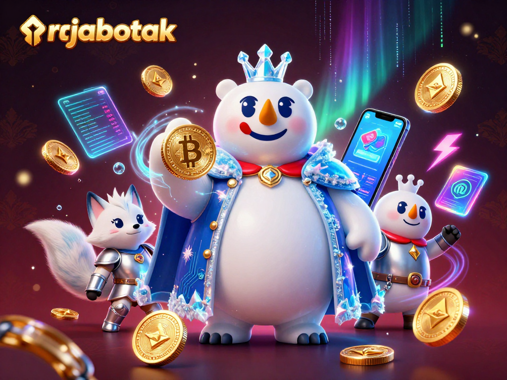 Engage with rajabotak's vibrant digital casino scene featuring crypto elements and majestic characters.