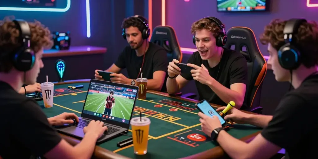 Friends enjoying lotus365 online gaming session, with vibrant LED lights and engaging atmosphere.