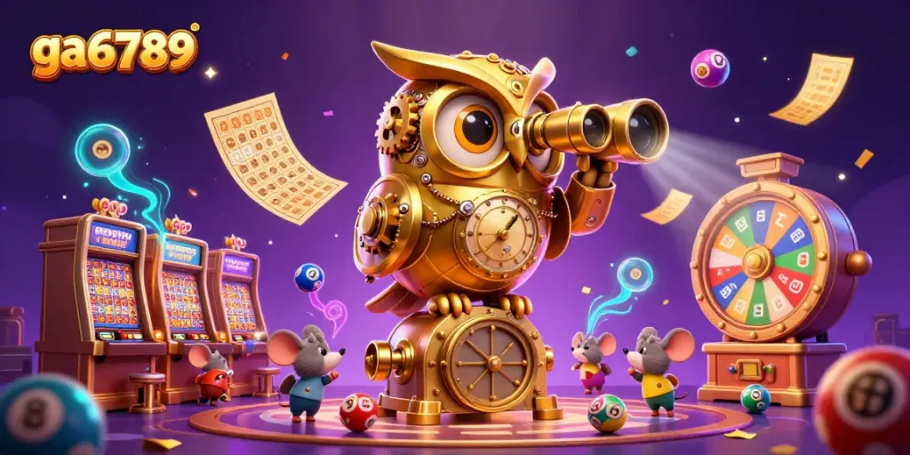 Cockfighting arena at ga6789 with an animated golden owl overseeing the vibrant casino scene filled with dynamic lottery elements.