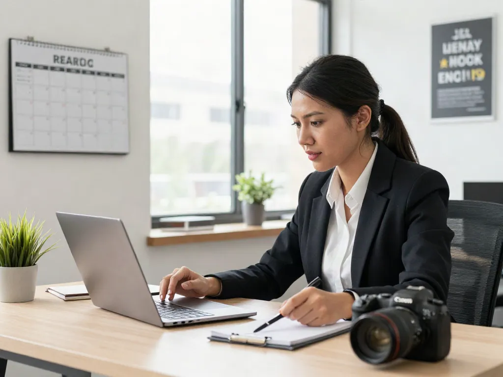 Engaged professional searching for หางาน in a bright office during a video interview.