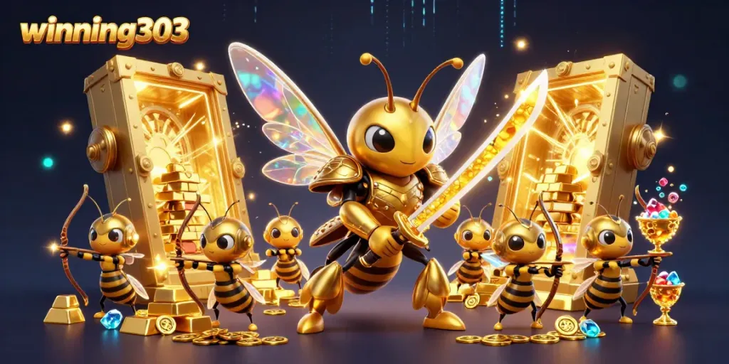 Experience the rush of winning303 with vibrant 3D casino action featuring a golden hornet and treasures.