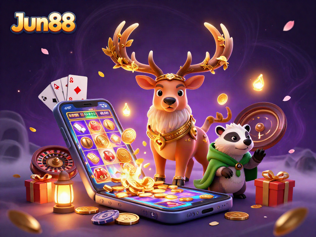 Engage with Jun88's vibrant casino scene featuring a druid stag, a wise badger, and dynamic gaming elements.