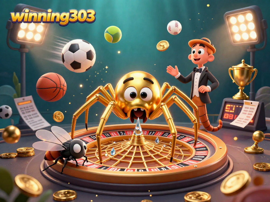 Winning303 showcases a vibrant 3D scene with a golden spider, croupier centipede, and sports betting elements.