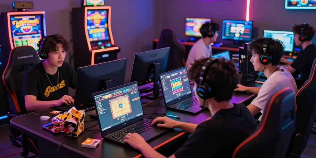 SLOT GACOR players immersed in a vibrant online gaming atmosphere.