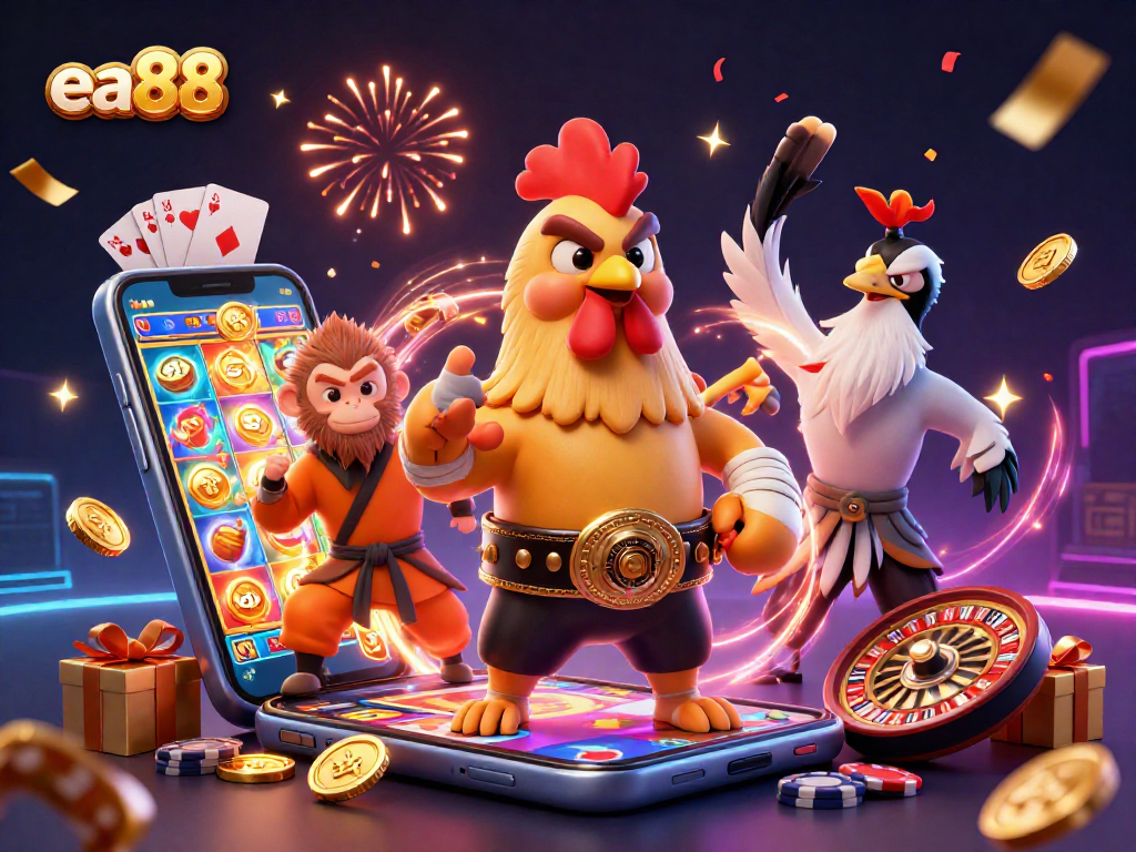 Experience the excitement of ea88 with a dynamic casino scene featuring vibrant characters and slot games.