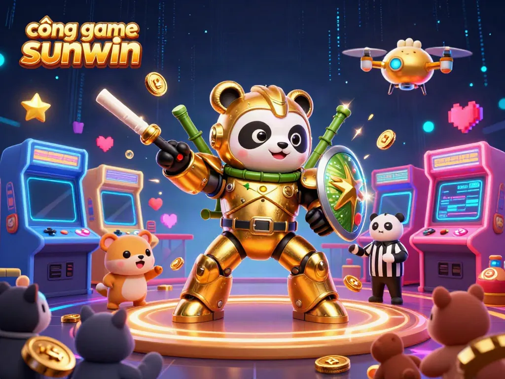 Engaging scene showcasing cổng game sunwin with a mech-suit panda and immersive gaming elements in a lively arena.