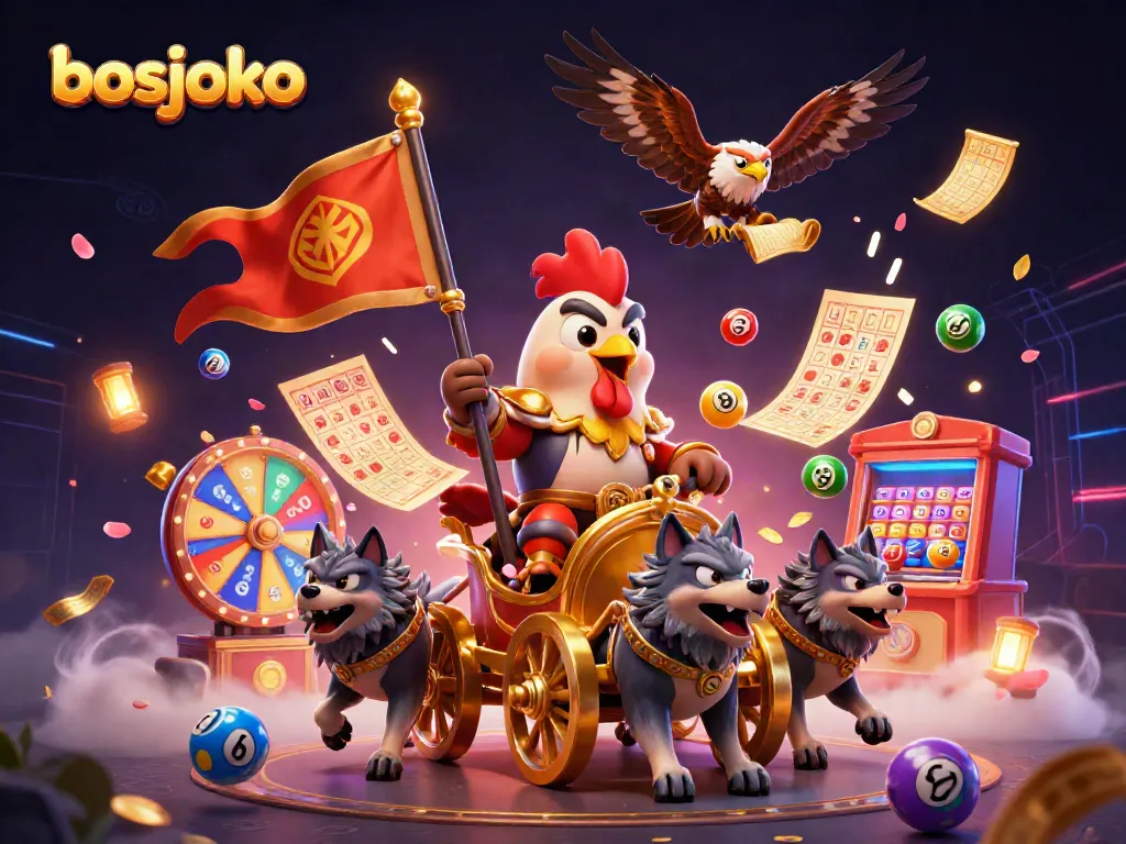 Experience the excitement of bosjoko's vibrant gaming world with colorful lottery elements and dynamic casino visuals.