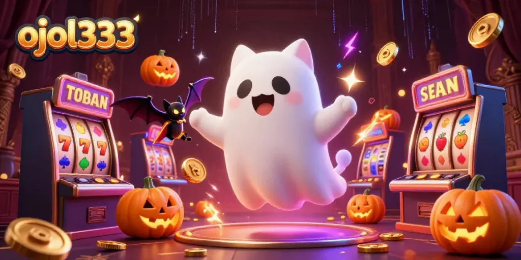 Engage with ojol333 casino action featuring a friendly ghost cat and vampire bat amidst glowing slot elements.