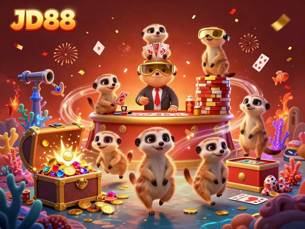 Enjoy the dynamic casino scene featuring JD88 with meerkats managing games and treasures in a vibrant underwater world.