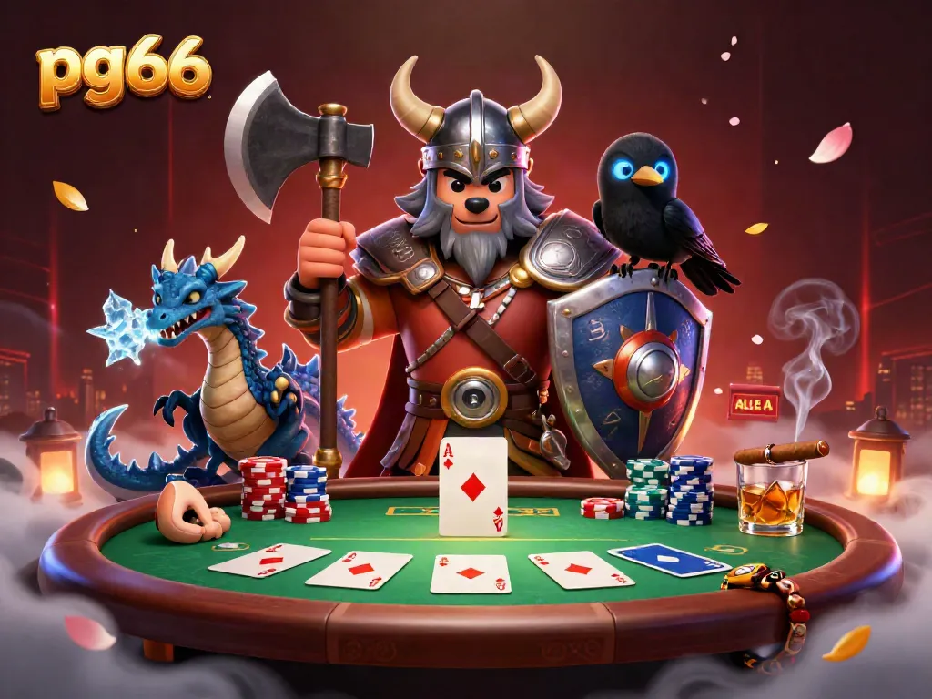 Engage with pg66's dynamic casino scene featuring a Viking wolf warrior, dragon, and poker elements.