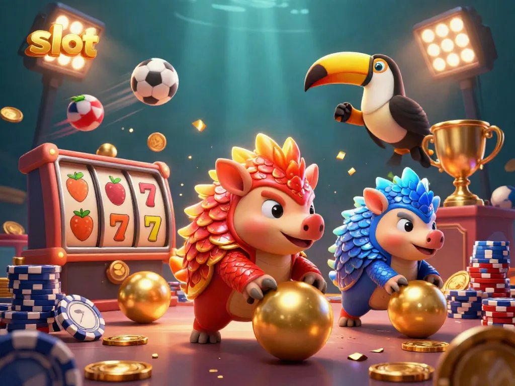 Rival pangolins competing in a vibrant 3D slot game scene filled with symbols and dynamic elements.