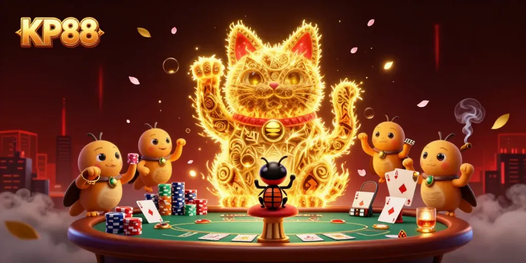 Experience the excitement of KP88 with a vibrant 3D illustration of a lucky cat and casino action.