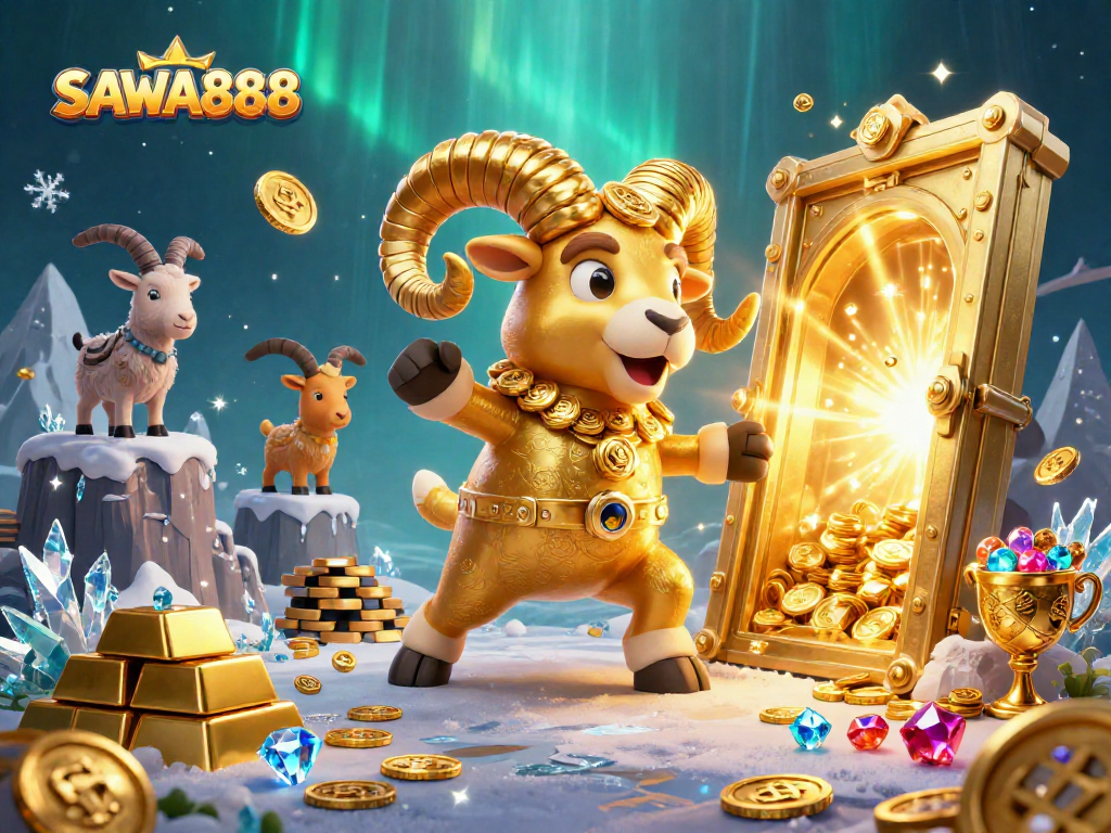 SAWA888 showcases a dynamic 3D casino scene with golden ram heroes amidst treasure, enhancing your gaming excitement.