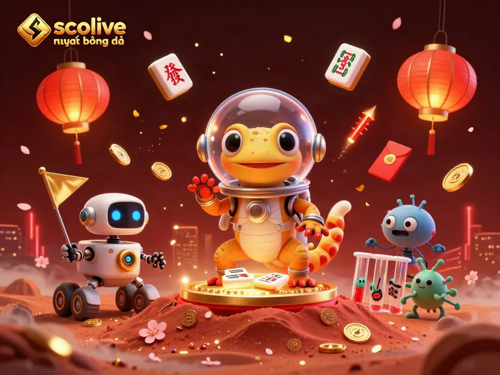 Engage with socolive trực tiếp bóng đá in a vibrant 3D casino scene featuring a Martian gecko and alien characters.