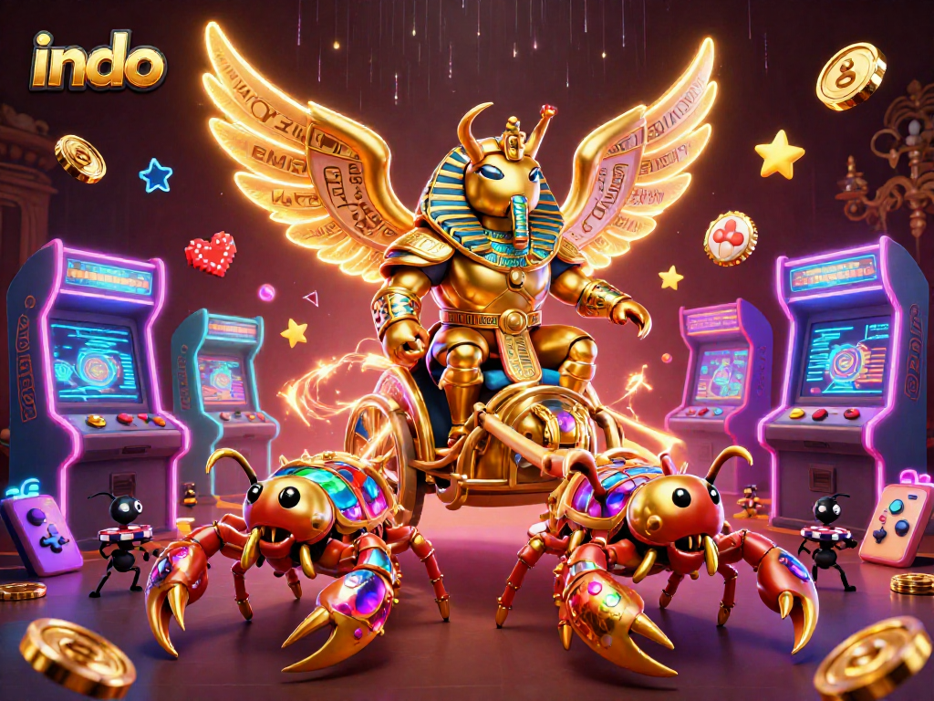 Join the action at Indo with a golden scarab beetle and scorpions racing through a lively casino scene.