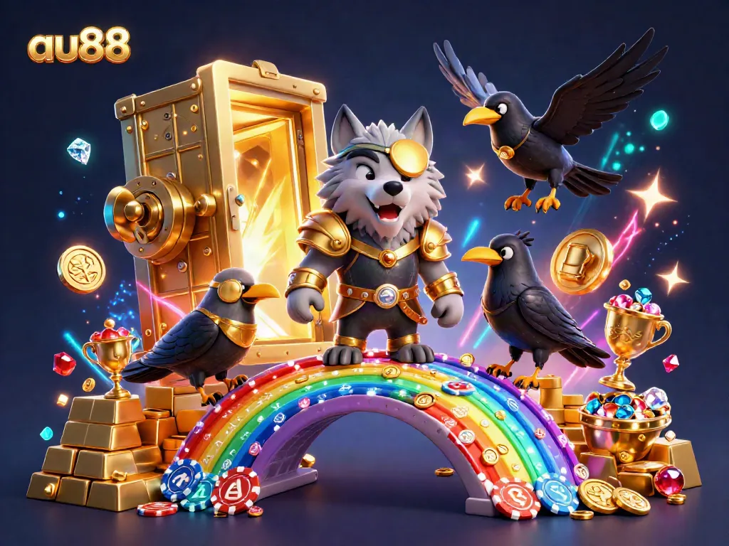 Engage with the vibrant casino world of au88 featuring a Norse wolf and ravens amid golden treasures and chips.