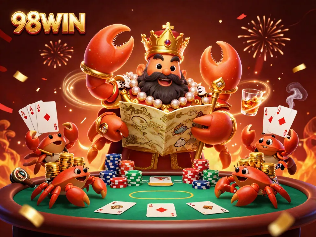 Experience dynamic gaming at 98WIN with a golden crab emperor leading a casino scene full of excitement.