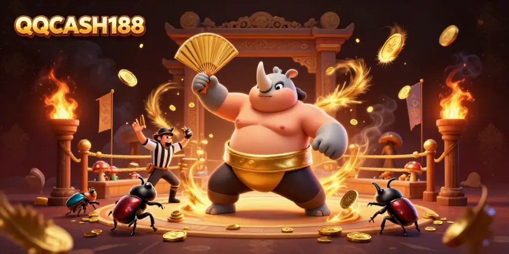 Experience the thrilling action of QQCASH188 with a sumo beetle champion amidst a dynamic casino arena.