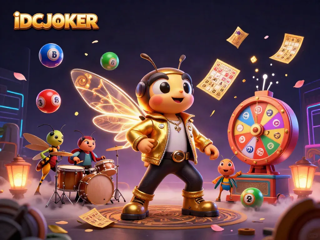 IDCJOKER presents a dynamic casino scene with a rock star cicada, beetle drummer, and lottery elements.