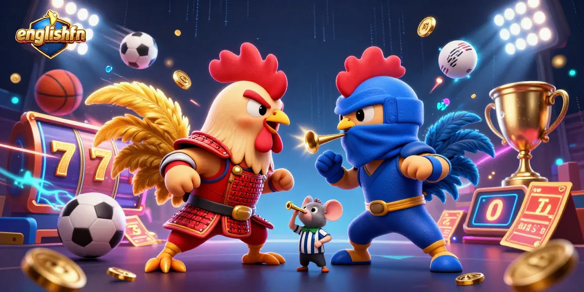 Engage with exciting slot gameplay at englishfn with a dynamic scene featuring cartoon fighting roosters and sports elements.