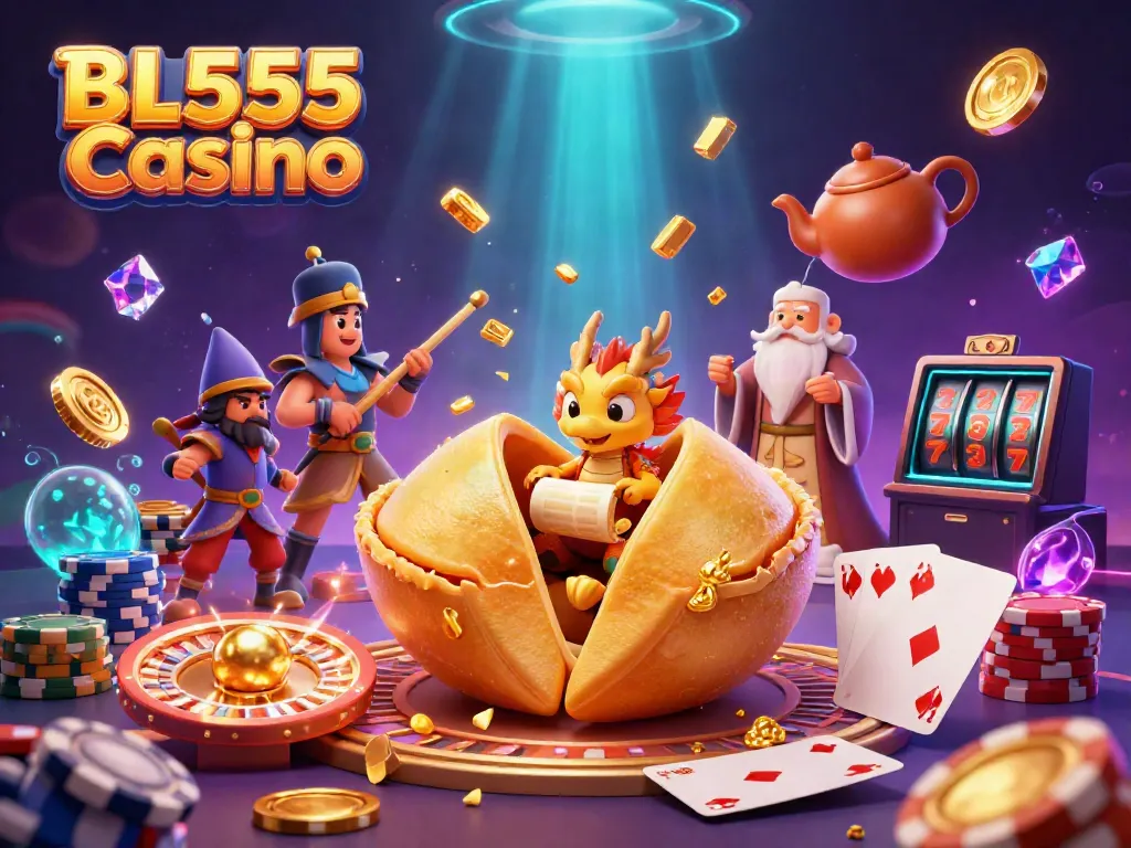 Experience the vibrant winning atmosphere at BL555 Casino with dynamic characters and dazzling game elements.