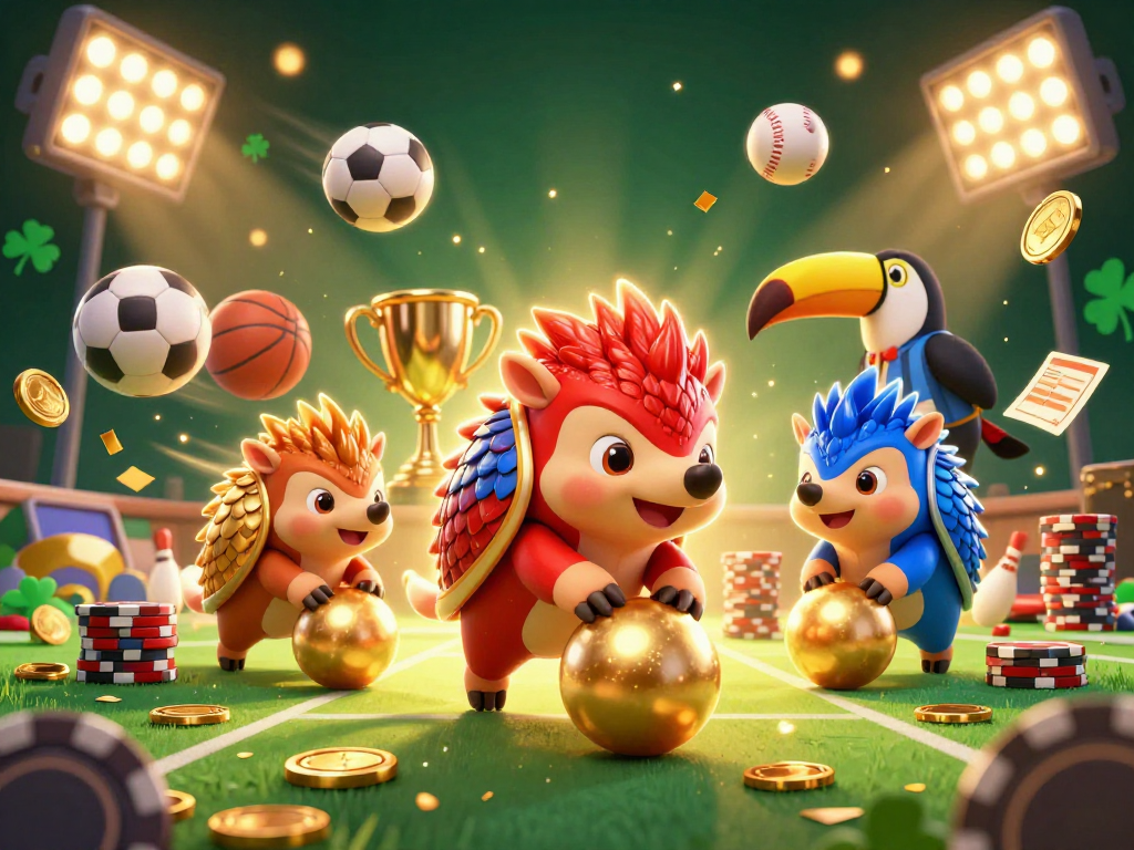 Engage with nohu90 as rival pangolins bowl over poker chips in this vibrant casino-themed 3D illustration.