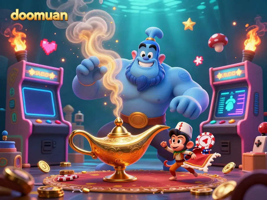 Experience thrilling magic with doomuan as a muscular genie, monkey, and poker chips fly in vibrant casino atmosphere.