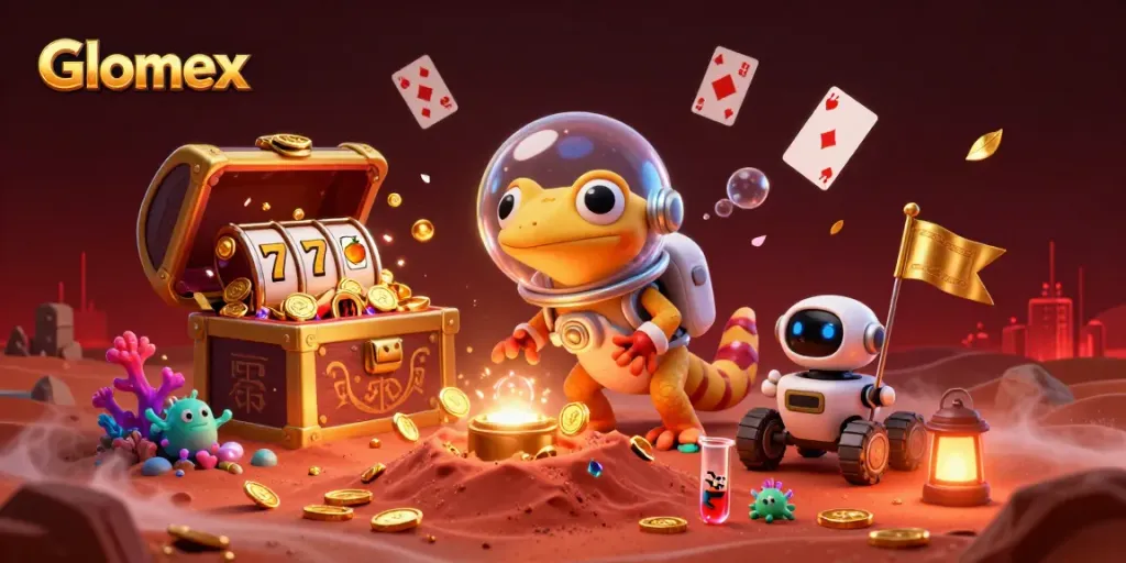 Glomex showcases a Martian gecko winning at a vibrant casino surrounded by treasures and gambling elements.