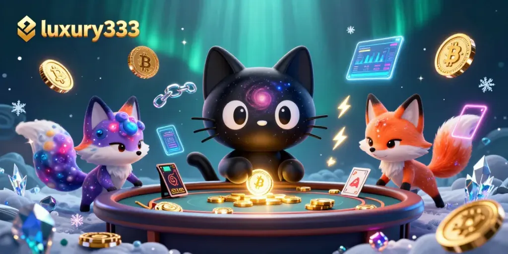 Menangkan pengalaman bermain di luxury333 dengan kucing hitam yang menarik chip emas dan kartu di kasino galaksi.