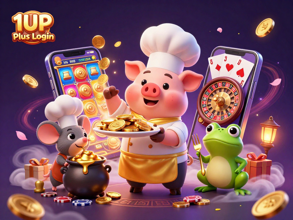 Engage in thrilling gaming adventures at 1UP Plus Login, featuring vibrant casino elements and fun characters.