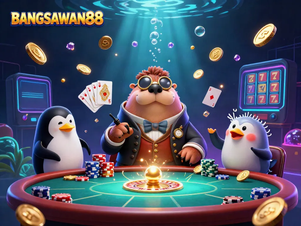 BANGSAWAN88 showcases an underwater poker scene with characters and vibrant casino elements in a fun setting.